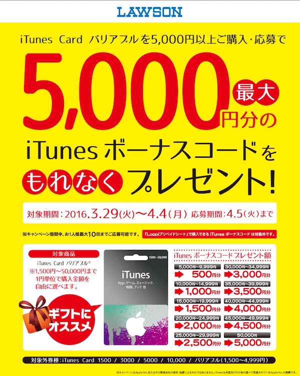 16年04月04日 月 まで Itunes Card バリアブルを5 000円以上購入で最大10 ボーナスコードプレゼント中です ㅂ و ２階からmac