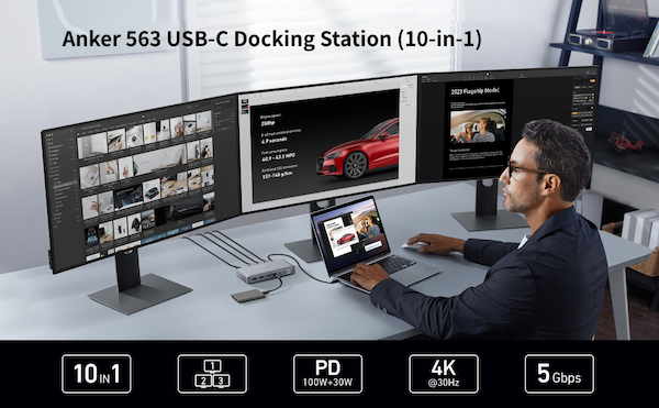 M1 Macでも3台の外付けディスプレイを表示出来るよ！ 「Anker 563 USB-C ドッキングステーション (10-in-1)」発売開始です。一番手に入れやすいDisplayLinkチップ搭載のドッキングステーションです。