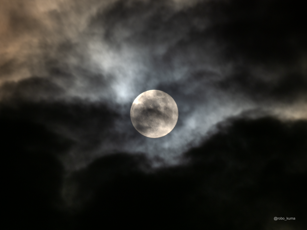11月の満月、「ビーバームーン」。今日は曇り空でそこまで寒くない、雲の流れを眺めながら。