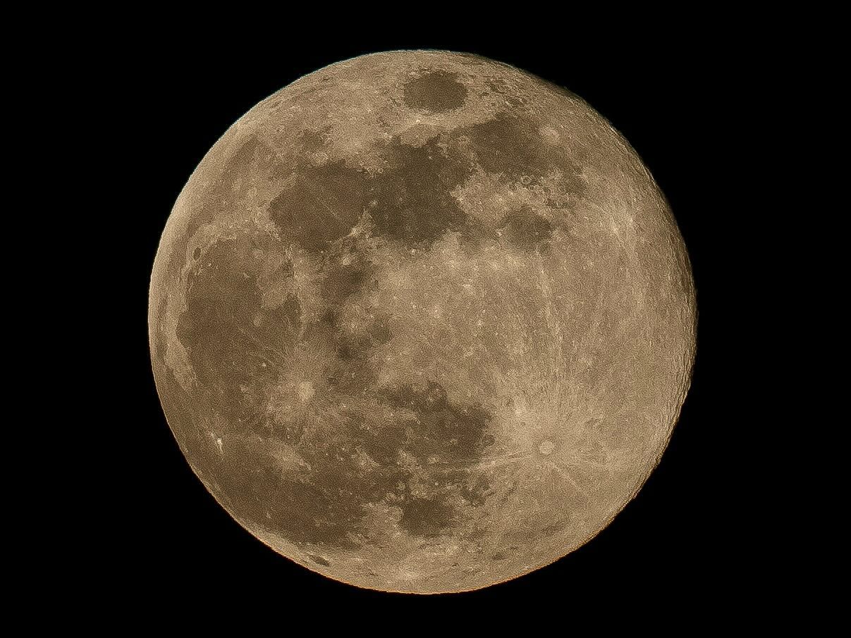今年最後の満月、コールドムーン。午前9時が最大満月だったので夕方は少し右上が欠けてるけどね